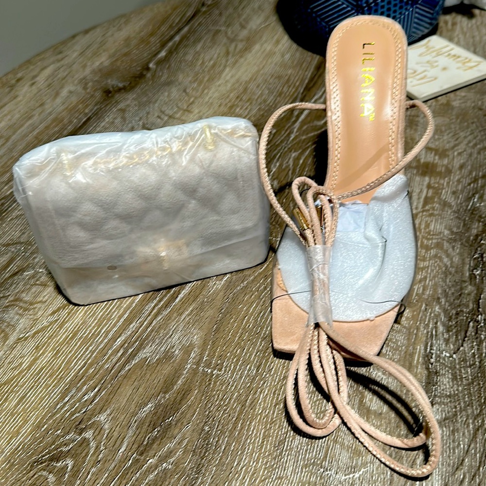 Tan lace up sandal w/ tan small crossbody bag